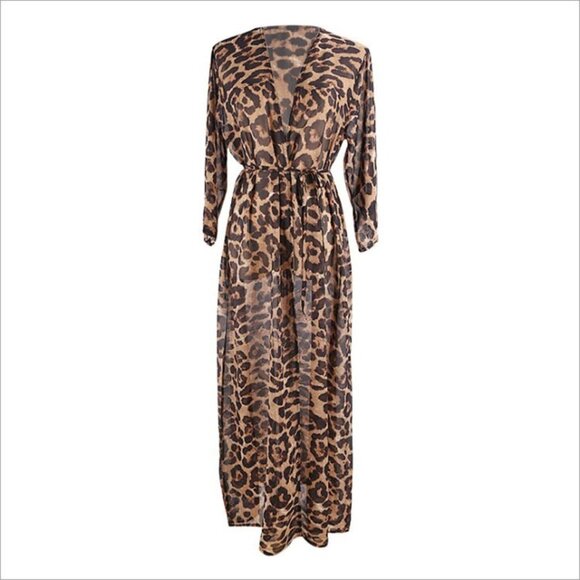 NEW Cover Up Animal Print Leopard Swim Tie Waist Kimono Duster Beach Sheer Flowy - Picture 5 of 10